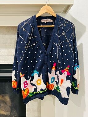 Vintage 90s Lauren Hansen Halloween Ghost and Pumpkin Novelty Knit Cardigan